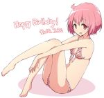  1girl ahoge barefoot bikini breasts commentary dated english_text eyebrows_visible_through_hair front-tie_bikini front-tie_top happy_birthday leg_hug leg_up looking_at_viewer mel_(melty_pot) nonohara_yuzuko open_mouth pink_eyes pink_hair red_bikini shadow short_hair simple_background sitting small_breasts smile solo striped striped_bikini swimsuit white_background yuyushiki 