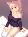  1girl :d animal_ear_fluff animal_ears arm_support bangs black_shirt blonde_hair blush breasts cat_ears cleavage collarbone commentary english_commentary eyebrows_visible_through_hair fang fast-runner-2024 hair_between_eyes high_ponytail highres large_breasts long_hair long_sleeves looking_at_viewer off_shoulder open_mouth original over-kneehighs panties ponytail red_eyes shirt sitting sleeves_past_wrists slit_pupils smile solo thighhighs tiffy_(fast-runner-2024) underwear watermark web_address white_legwear white_panties 
