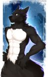  abs anthro bastika black_fur black_nose blue_eyes canid canine canis eyebrows fur hi_res inner_ear_fluff looking_at_viewer male mammal navel smile solo white_fur wolf 