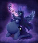 2019 anthro areola belly blue_feathers bodily_fluids breasts duo equid feathered_wings feathers female friendship_is_magic horn kneeling mammal my_little_pony navel nipples nude princess_luna_(mlp) rope saliva shamziwhite starlight_glimmer_(mlp) unicorn vore winged_unicorn wings 