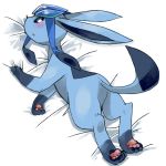  1:1 2019 ambiguous_gender back_markings bed_sheet bedding blue_eyes blue_fur blush butt digital_media_(artwork) eeveelution feral fur fur_markings glaceon leg_markings long_ears looking_at_viewer looking_back lying mammal markings nintendo open_mouth pawpads pizademokttero pok&eacute;mon pok&eacute;mon_(species) raised_tail simple_background socks_(marking) solo tail_markings video_games white_background 