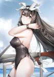 1girl absurdres bangs bare_shoulders black_legwear black_swimsuit blue_eyes blunt_ends blurry blurry_background bow bracelet breasts chromatic_aberration cloud cloudy_sky covered_nipples cowboy_shot day drill_hair drill_locks eyelashes floating_hair from_side girls_frontline grey_hair guard_rail gun hair_between_eyes hair_bow hand_up highres horizon howa_type_64_(girls_frontline) jewelry large_breasts long_hair looking_at_viewer ocean one-piece_swimsuit outdoors parted_lips pixiv_id_12457925 ribbon shiny shiny_hair sky solo standing swimsuit thigh_strap thighs very_long_hair weapon wet wet_clothes wet_hair wet_swimsuit white_bow white_ribbon wind 