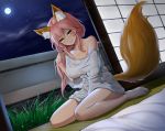  1girl animal_ear_fluff animal_ears bangs bare_shoulders barefoot blush breasts cleavage closed_mouth collarbone fate/extra fate_(series) fox_ears fox_girl fox_tail full_moon grass hair_between_eyes highres large_breasts legs long_hair looking_at_viewer mingakk moon night night_sky pink_hair ponytail shirt shouji sitting sky sliding_doors smile solo tail tamamo_(fate)_(all) tamamo_no_mae_(fate) thighs wariza white_shirt yellow_eyes 