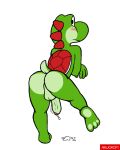  anthro arwokom balls big_butt blush bodily_fluids butt feet genital_fluids green_yoshi humanoid_penis looking_at_viewer male mario_bros nintendo nude penis precum raised_tail rear_view scalie shell shy simple_background solo standing thick_thighs video_games yoshi 