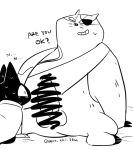  2019 anthro badger badgerclops balls belly bodily_fluids censored domestic_cat duo english_text erection eye_patch eyewear felid feline felis male mammal mao_mao mao_mao_heroes_of_pure_heart mustelid musteline overweight overweight_male penis sitting sweat text ueno_ebi_sen 