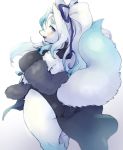  accessory anthro big_breasts big_butt blue_eyes blush boa_(clothing) breasts butt canid canine clothing dress female fluffy fur hair hair_accessory hair_ribbon hi_res htg htg92 huge_breasts kemono looking_back mammal open_mouth pawpads ribbons short_stack simple_background smile white_background white_fur white_hair wide_hips 