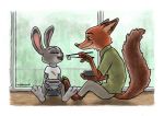  absurd_res canid canine chopsticks clothing disney eyes_closed feeding food fox hi_res judy_hopps lagomorph leporid mammal mshkaa nick_wilde predator/prey rabbit shirt sitting t-shirt topwear window zootopia 