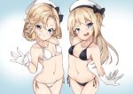  2girls asake_ameji bangs bikini black_bikini blonde_hair blue_eyes blush breasts collarbone eyebrows_visible_through_hair gloves grin hat janus_(kantai_collection) jervis_(kantai_collection) kantai_collection long_hair micro_bikini multiple_girls open_mouth short_hair side-tie_bikini simple_background small_breasts smile swimsuit white_bikini white_gloves white_headwear 