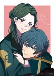  2boys artist_name ayujiji blue_eyes blue_hair blush byleth_(fire_emblem) byleth_(fire_emblem)_(male) fire_emblem fire_emblem:_three_houses green_hair hair_bun heart highres hug linhardt_von_hevring long_hair male_focus multiple_boys yaoi 