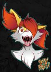  2018 ambiguous_gender braixen canid canine fox fur hair haircut hi_res inner_ear_fluff looking_at_viewer mammal mouth_shot nintendo outline pink_nose pok&eacute;mon pok&eacute;mon_(species) red_hair sassylebraix simple_background solo tongue tongue_out video_games vore white_fur 
