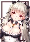  1girl absurdres azur_lane bangs bare_shoulders between_breasts black_bow black_dress blush bow breasts brown_background brown_hair cleavage closed_mouth commentary_request dress earrings eyebrows_visible_through_hair formidable_(azur_lane) hair_bow highres jewelry large_breasts long_hair looking_at_viewer mirai_(happy-floral) red_eyes shadow shoulder_cutout sidelocks solo stud_earrings twintails two-tone_background upper_body white_background 