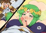  afrobull age_difference blush brown_hair clothed_male_nude_female comic cum cum_on_face cumshot dialogue digital_media_(artwork) ejaculation erection fellatio female green_hair kid_icarus kid_icarus_uprising licking_penis male male/female nintendo older_female oral oral_sex palutena pants pants_pull penis penis_lick penis_out pit pit_(kid_icarus) pov shocked speech_bubble straight text tongue tongue_out veiny_penis video_games water younger_male 
