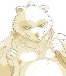  2019 anthro belly canid canine clothing hi_res humanoid_hands hysk male mammal moobs nipples overweight overweight_male raccoon_dog robe sengoku_puzzle simple_background solo tanuki tokugawa_ieyasu undressing 
