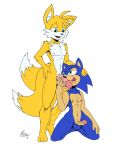  2018 2_tails anothersonicsmutartist anthro balls bedroom_eyes blue_eyes blue_fur blush canid canine dipstick_tail duo erection eulipotyphlan fox fur green_eyes half-closed_eyes hand_on_head hedgehog humanoid_penis kneeling licking licking_lips male male/male mammal miles_prower multi_tail multicolored_tail navel nipples nude penis seductive signature sonic_(series) sonic_the_hedgehog standing tan_fur tongue tongue_out white_fur yellow_fur 