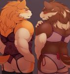  anthro big_butt butt canid canine clothed clothing crossdressing duo embarrassed hi_res korosuke lingerie looking_at_viewer looking_back male mammal muscular muscular_male panties rear_view side-tie_panties thick_thighs underwear 