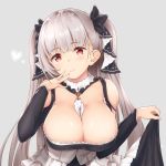  1girl azur_lane bangs bare_shoulders between_breasts bit_(keikou_syrup) black_dress blush breasts cleavage commentary dress earrings eyebrows_visible_through_hair formidable_(azur_lane) frilled_dress frills grey_background grey_hair hair_ornament hair_ribbon hand_up heart highres jewelry large_breasts long_hair long_sleeves looking_at_viewer red_eyes ribbon simple_background skirt_hold smile solo twintails 