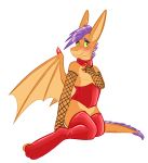  2015 anthro blush clothed clothing colored_nails crossdressing dragon fishnet girly green_eyes hair hi_res male membrane_(anatomy) membranous_wings nails piercing purple_hair rubber scalie simple_background solo tallarra white_background wings zander_(tallarra) 