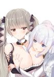  +_+ 2girls :o azur_lane bangs bare_shoulders blue_eyes blunt_bangs blush breasts bright_pupils choker cleavage collarbone commentary_request cross cross_earrings crossed_arms earrings eyebrows_visible_through_hair formidable_(azur_lane) frown grey_hair groping hair_bun hand_on_another&#039;s_chest highres jewelry jitome large_breasts le_malin_(azur_lane) long_sleeves looking_at_another multiple_girls narrowed_eyes open_mouth red_eyes schreibe_shura sidelocks silver_hair simple_background symbol-shaped_pupils twintails white_background white_pupils 
