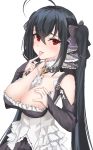  1girl ahoge azur_lane bangs between_breasts black_dress black_hair blush breasts cleavage collarbone commentary_request cosplay crossed_bangs dress eyebrows_visible_through_hair finger_licking formidable_(azur_lane) formidable_(azur_lane)_(cosplay) frilled_dress frills hair_ornament hair_ribbon hand_on_own_chest kikuchi-darunyan large_breasts licking long_hair looking_at_viewer red_eyes ribbon simple_background taihou_(azur_lane) tied_hair twintails very_long_hair white_background 