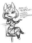  animal_crossing ankha_(animal_crossing) bandage black_and_white chair comic crossed_legs dialogue domestic_cat felid feline felis female half-closed_eyes mammal monochrome nintendo sketch solo tealfuleyes text uraeus video_games 