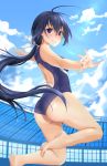  1girl absurdres antenna_hair ass barefoot black_eyes black_hair black_swimsuit blue_sky cloud commentary competition_swimsuit cowboy_shot english_commentary from_behind grin highres jumping kaminashi_nozomi keijo!!!!!!!! lips long_hair one-piece_swimsuit outstretched_arms sky smile solo stadium swimsuit tiri 
