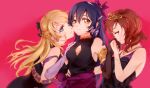  3girls ayase_eli bangs bare_shoulders black_dress black_gloves blonde_hair blue_eyes blue_hair blurry breast_cutout commentary_request depth_of_field dress elbow_gloves gloves hair_between_eyes hair_ornament hand_on_another&#039;s_hip hand_on_another&#039;s_shoulder holding_hands long_hair looking_at_viewer love_live! love_live!_school_idol_project multiple_girls nishikino_maki purple_eyes red_hair simple_background sleeveless sleeveless_dress smile soldier_game sonoda_umi tiara white_gloves yellow_eyes 