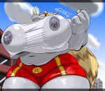  anthro big_breasts breasts clothed clothing cloud detailed_background female hair huge_breasts kazecat mammal nipple_outline rhinocerotoid sky solo 
