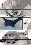  2019 anthro blush bulge butt clothing comic cuddling duo eyewear felid fur glasses hi_res hyaku_(artist) japanese_text kissing male male/male mammal overweight overweight_male pantherine polar_bear snow_leopard text underwear ursid ursine white_fur 