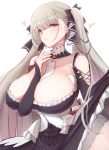  10eki_(tenchou) 1girl absurdres azur_lane bangs bare_shoulders between_breasts black_dress black_nails blush breasts cleavage cowboy_shot dress earrings eyebrows_visible_through_hair formidable_(azur_lane) frilled_dress frills grey_hair hair_ornament hair_ribbon half-closed_eyes hand_up heart highres jewelry large_breasts long_hair long_sleeves looking_at_viewer red_eyes ribbon simple_background solo twintails white_background 