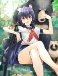  1girl :d animal animal_ear_fluff animal_ears anniversary ashigara_(azur_lane) ass azur_lane bangs bare_legs bear bird blouse blue_hair blue_jay blue_sailor_collar blue_skirt breasts brown_eyes commentary_request crossed_legs day extra_ears fang forest fox hair_between_eyes hand_up headphones headphones_around_neck highres holding holding_phone katana large_breasts leaf long_hair looking_at_viewer midriff miniskirt nature neckerchief open_mouth panties phone pleated_skirt sailor_collar school_uniform serafuku shadow sheath sheathed shirt short_sleeves sitting skirt smile solo squirrel stairs sunlight sword tetsujin_momoko thighs tree underwear very_long_hair weapon white_panties white_shirt wolf 