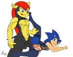  anothersonicsmutartist balls clothed clothing crossdressing duo humanoid_penis male male/male mighty_the_armadillo nude penis raised_leg sonic_(series) sonic_the_hedgehog 