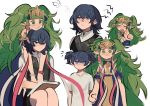  2girls :3 alternate_costume blue_eyes blue_hair book braid byleth_(fire_emblem) byleth_(fire_emblem)_(female) closed_eyes closed_mouth fire_emblem fire_emblem:_three_houses funyanrinpa green_eyes green_hair hair_ornament highres long_hair manakete medium_hair multiple_girls open_mouth pointy_ears short_sleeves simple_background sitting sothis_(fire_emblem) tiara twin_braids white_background 