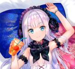  1girl arm_garter arm_up armpits bangs bare_arms bare_shoulders blue_eyes blunt_bangs bow bowtie bracelet breasts closed_mouth commentary_request cup disposable_cup dress drink drinking_straw floral_print fuji_choko hand_up headdress holding holding_cup jewelry kenja_no_deshi_wo_nanoru_kenja long_hair looking_at_viewer lying mira_(kenja) on_back pillow sleeveless sleeveless_dress small_breasts smile solo upper_body v-shaped_eyebrows white_dress white_hair 