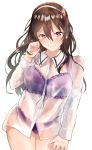  1girl absurdres ashigara_(kantai_collection) bangs blush bra breasts brown_eyes brown_hair commentary_request hair_between_eyes hairband highres kantai_collection lips long_hair long_sleeves looking_at_viewer miyako_(00727aomiyako) no_pants panties purple_bra purple_panties see-through shirt simple_background smile solo underwear wavy_hair white_background 