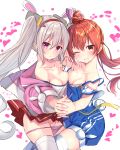  2girls ;) animal_ears azur_lane bailey_(azur_lane) bangs bare_shoulders blush breast_press breasts brown_hair bunny_ears camisole cleavage closed_mouth collarbone commentary_request eyebrows_visible_through_hair groin hair_between_eyes hair_ornament hairband heart high_ponytail highres jacket laffey_(azur_lane) long_hair long_sleeves medium_breasts multiple_girls off-shoulder_shirt off_shoulder one_eye_closed open_clothes open_jacket overall_shorts panties panty_pull pink_jacket pink_panties pleated_skirt ponytail purple_eyes red_eyes red_hairband red_skirt shirt short_sleeves silver_hair simple_background skirt smile strap_slip symmetrical_docking thighhighs tsukiman twintails underwear very_long_hair white_background white_camisole white_legwear white_shirt 