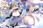 3girls :d azur_lane bangs bare_shoulders between_breasts black_dress black_panties blonde_hair blue_eyes blue_sky blush breasts cleavage cloud day dress earrings elbow_gloves eyebrows_visible_through_hair formidable_(azur_lane) frilled_dress frills gloves grey_hair hair_ornament hair_ribbon hands_together hat illustrious_(azur_lane) jewelry kurot lace_trim large_breasts laurel_crown long_hair long_sleeves looking_at_viewer mole mole_under_eye multiple_girls open_mouth outdoors panties red_eyes ribbon sky smile strapless strapless_dress sun_hat twintails underwear very_long_hair victorious_(azur_lane) white_dress white_gloves white_hair white_headwear wind 