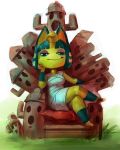  animal_crossing ankha_(animal_crossing) bandage blue_hair chair crossed_legs domestic_cat felid feline felis female fur gyroid hair half-closed_eyes looking_down mammal nintendo sketch smile solo tealfuleyes throne uraeus video_games yellow_fur 