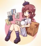  1girl beret blush book brown_hair commentary_request full_body hat highres holding holding_book kareya knees_up long_hair looking_at_viewer machikado_mazoku purple_eyes sitting solo white_serafuku yoshida_ryouko 