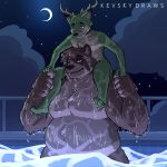  1:1 2019 anthro bathing belly canid canine duo fur green_fur hi_res horn humanoid_hands kevinskylet111999 kevsky_draws male mammal moobs moon night outside overweight overweight_male procyonid raccoon water wet 