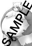  2019 absurd_res anthro balls belly big_balls blush canid canine gyobu hi_res humanoid_hands male mametanu_tanuki mammal moobs navel nipples obese one_eye_closed overweight overweight_male penis pubes raccoon_dog scar simple_background solo tanuki tattoo text tokyo_afterschool_summoners video_games wink 
