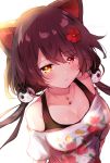  1girl absurdres animal_ears backlighting bangs bell blush breasts brown_eyes brown_hair cleavage collarbone dog_ears dog_hair_ornament eyebrows_visible_through_hair flower fukunoki_tokuwa hair_between_eyes hair_flower hair_ornament heterochromia highres inui_toko jingle_bell long_hair looking_at_viewer low_twintails medium_breasts nijisanji off-shoulder_shirt off_shoulder parted_lips red_eyes red_flower shirt short_sleeves simple_background solo twintails twitter_username upper_body virtual_youtuber white_background white_shirt 