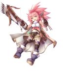  1girl :d arrow belt black_legwear boots bow_(weapon) breasts brown_eyes brown_gloves brown_handbag brown_shorts compass crossbow garter_straps gloves kneehighs medium_breasts midriff navel official_art open_mouth pickle_(sennen_sensou_aigis) pink_coat pink_hair sennen_sensou_aigis shorts smile solo spiked_hair taicho128 weapon 