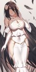  1girl absurdres ahoge albedo aogi_(pixiv9459043) bare_shoulders black_feathers black_wings breasts brown_hair cleavage commentary_request covered_navel demon_girl demon_horns demon_wings detached_collar dress eyebrows_visible_through_hair eyes_visible_through_hair feathered_wings feathers gloves hair_between_eyes hand_up highres hip_vent horns large_breasts long_hair looking_at_viewer low_wings open_mouth overlord_(maruyama) revision slit_pupils smile solo standing tan_background white_dress white_gloves wings yellow_eyes 