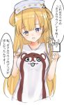  1girl blonde_hair blue_eyes bokukawauso commentary_request double_bun fletcher fletcher_(kantai_collection) hairband kagura_miyabi kantai_collection long_hair looking_at_viewer shirt simple_background smile solo t-shirt translation_request upper_body white_background white_shirt 