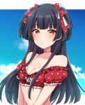  1girl absurdres bangs bare_shoulders bikini black_hair blue_sky blush bow breasts brown_eyes cleavage closed_mouth cloud cloudy_sky collarbone commentary_request day eyebrows_visible_through_hair frilled_bikini frills hair_bow hana_(tmtmrgrgtrg) heart heart_print highres idolmaster idolmaster_shiny_colors long_hair looking_at_viewer mayuzumi_fuyuko pink_bikini print_bow puffy_short_sleeves puffy_sleeves red_bikini red_bow short_sleeves sky small_breasts solo swimsuit two_side_up upper_body very_long_hair 