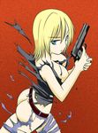  ass aya_brea belt blonde_hair blue_eyes breasts female gradient gradient_background gun maruaroom nipple_slip nipples parasite_eve parasite_eve_the_3rd_birthday short_hair solo torn_clothes weapon 