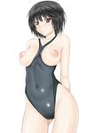  amagami black_eyes black_hair breasts breasts_outside competition_swimsuit kutani large_breasts nanasaki_ai navel nipples one-piece_swimsuit puffy_nipples short_hair simple_background solo swimsuit white_background 