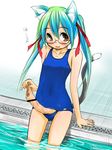  animal_ears aqua_hair blush breasts cat_ears cat_tail foreskin futanari glasses one-piece_swimsuit penis phimosis pool retsu_maru school_swimsuit small_breasts swimsuit tail translated yellow_eyes 