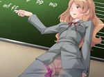  1girl blackboard blush brown_eyes chalkboard classroom discreet_vibrator game_cg lipstick makeup one_eye_closed panties public_vibrator teacher underwear vibrator vibrator_under_panties wink x-ray 