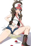  baseball_cap blue_eyes blush boots brown_hair denim denim_shorts hat long_hair no_panties open_clothes open_shorts pee peeing poke_ball pokemon pokemon_(game) pokemon_bw pussy pussy_peek shorts simple_background solo touko_(pokemon) white_background yokaze_japan 